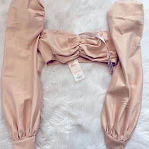 HOUSE OF CB.JANA blush satin sleeves bralette in M